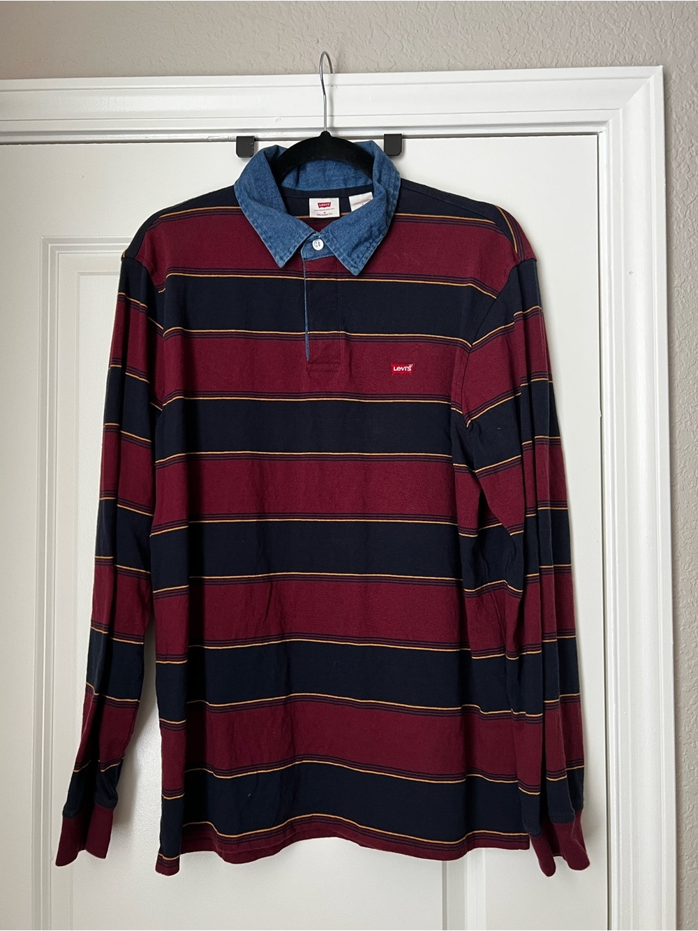Levi's Men's Burgundy & Navy Striped Rugby Polo with Denim Collar